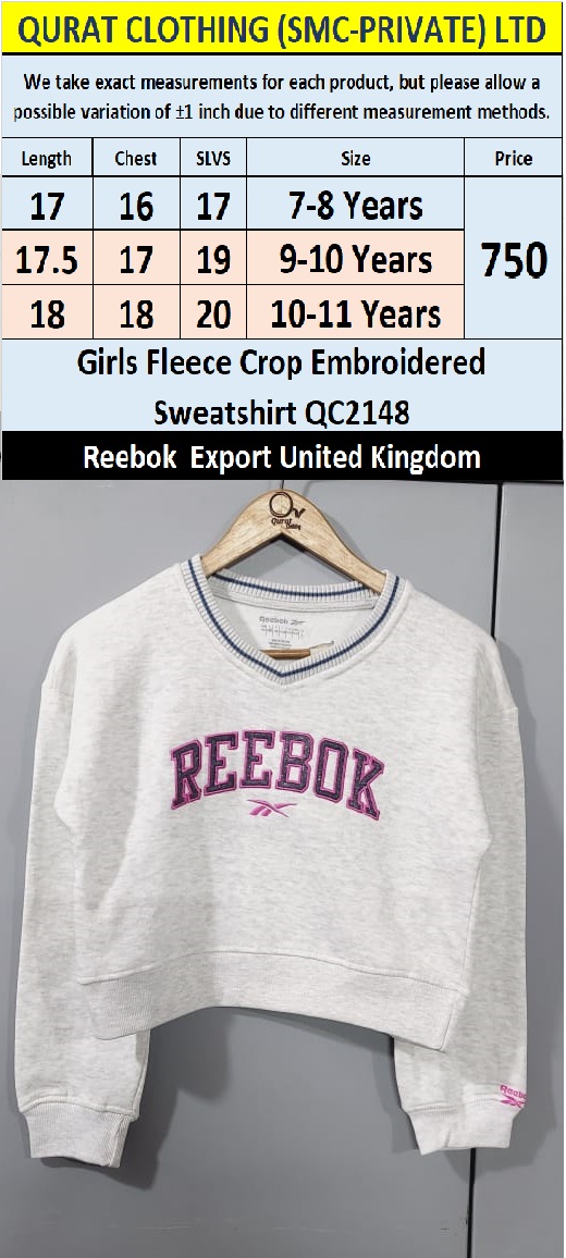 Reebok Brand Girls Fleece Crop Embroidered Sweatshirt QC2148 Export United Kingdom