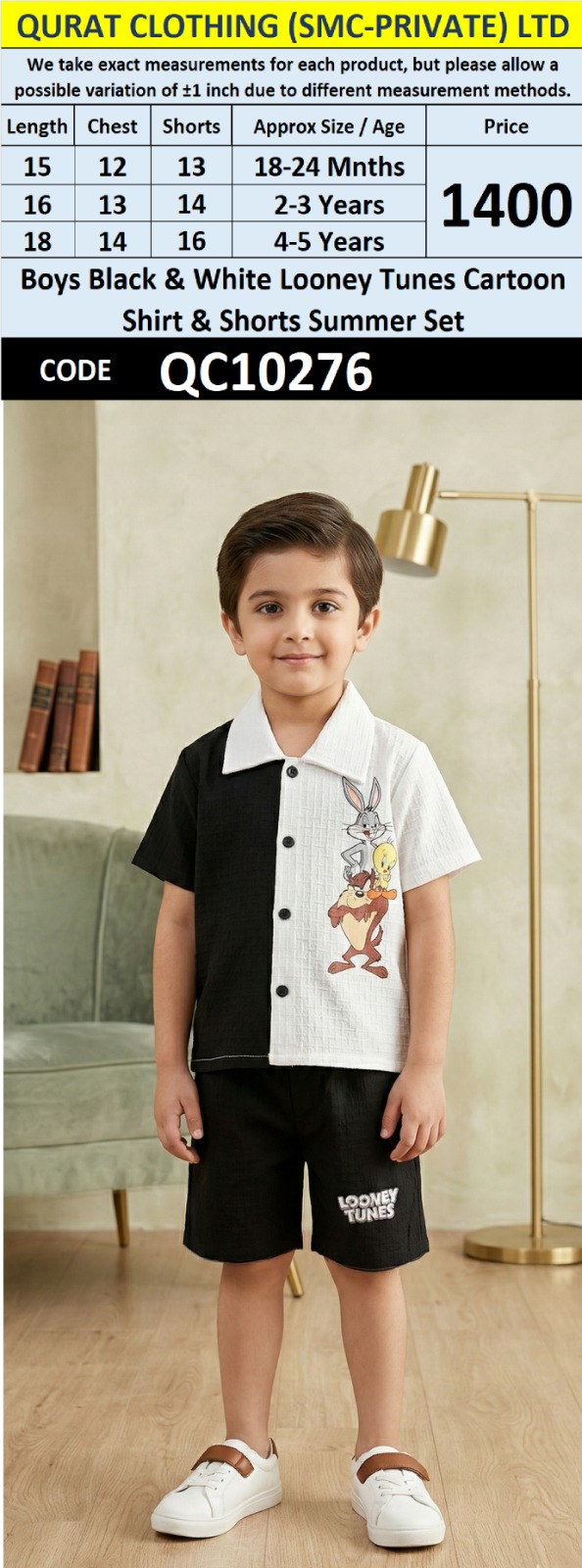 Boys Black & White Looney Tunes Cartoon Shirt & Shorts Summer Set – QC10276 - QC10276