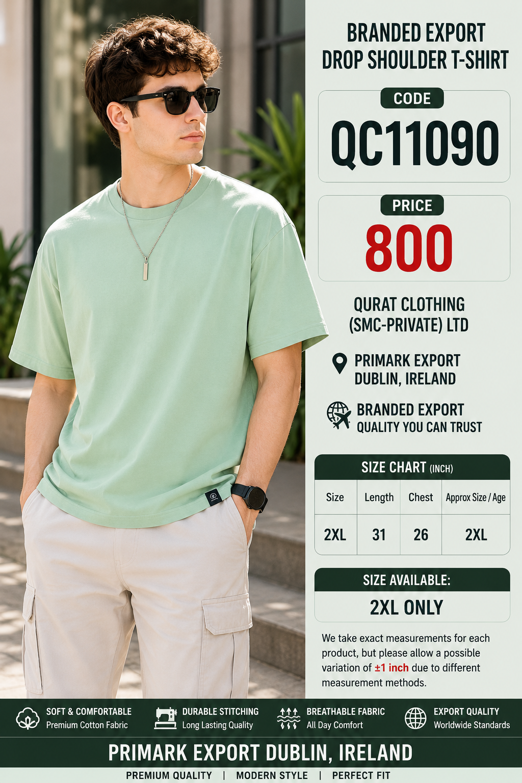 Mint Green Plain Branded Export Drop Shoulder T-Shirt QC11090 – Primark Export Dublin Ireland