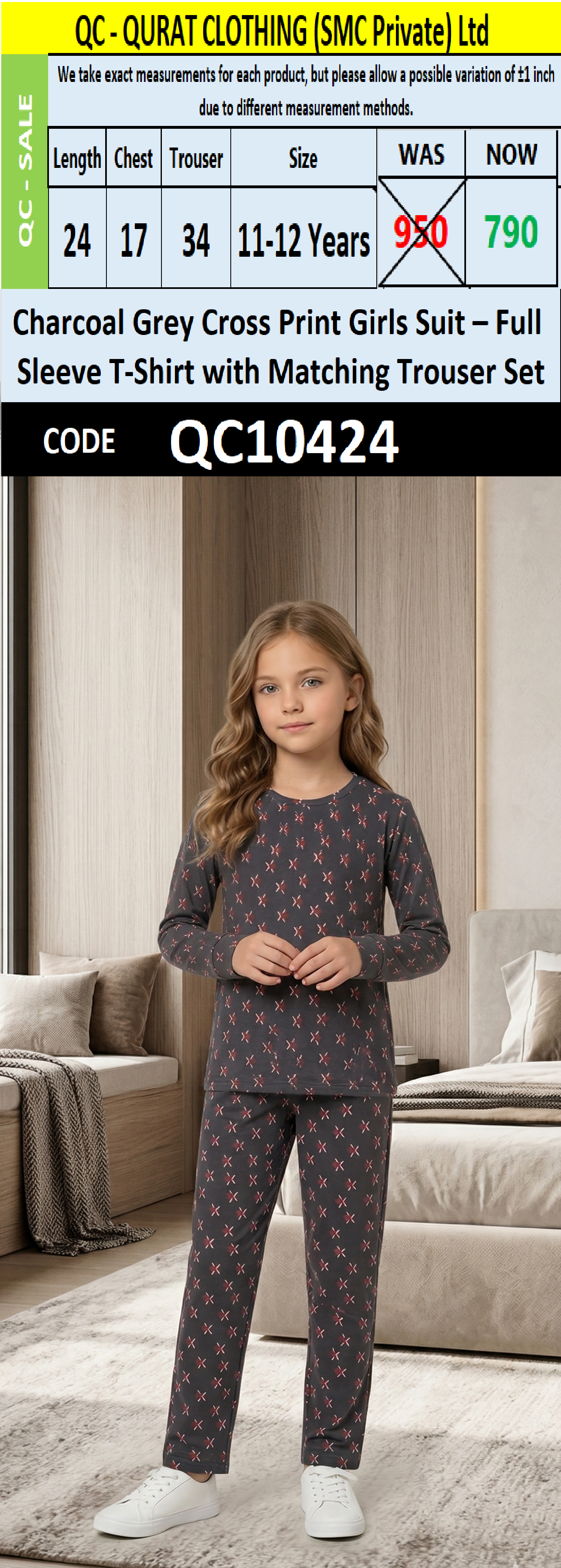 Charcoal Grey Cross Print Girls Suit – Full Sleeve T-Shirt with Matching Trouser Set QC10424
