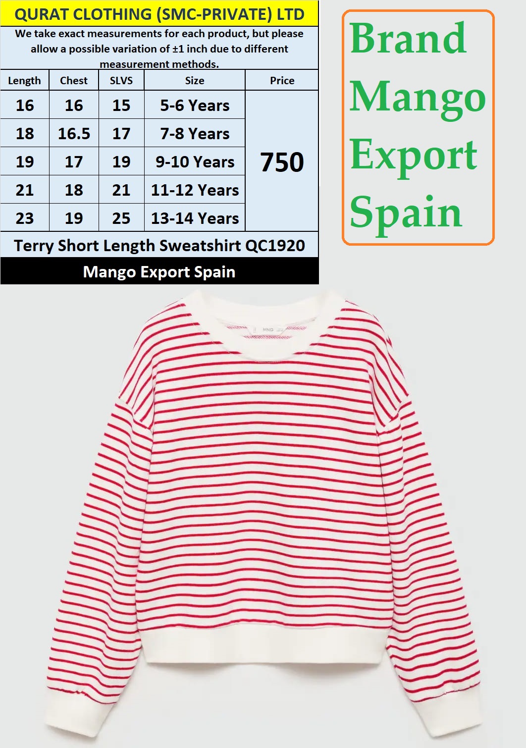 Mango Brand Terry Short Length Sweatshirt QC1920 Export Spain
