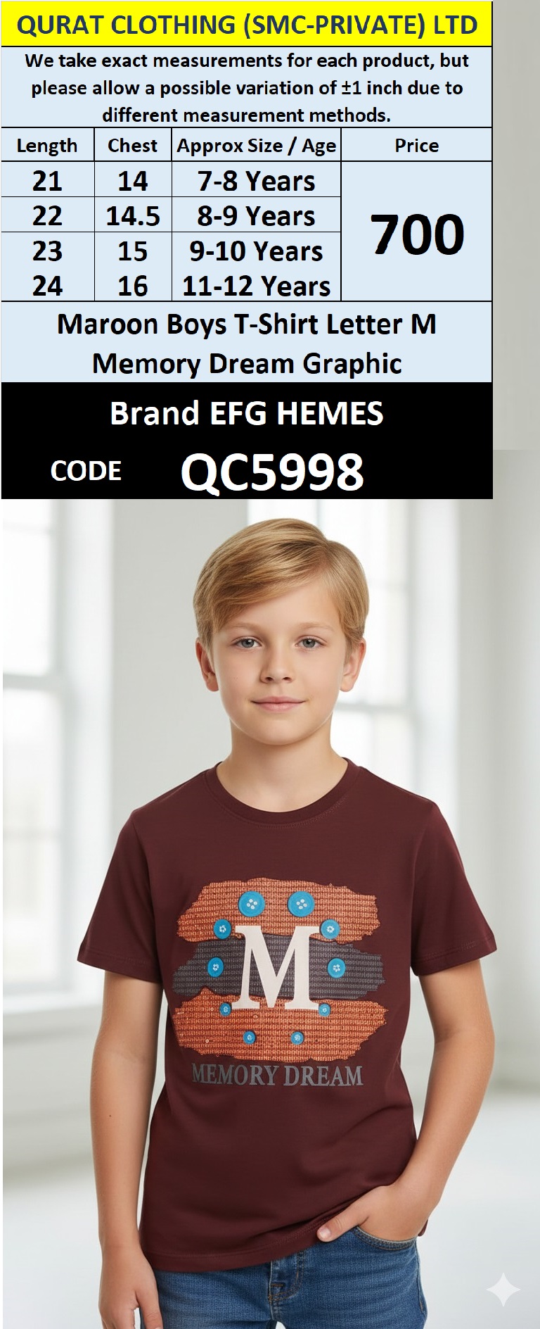 Maroon Cotton-Blend Boys T-Shirt Letter M Memory Dream Graphic Print – Kids Graphic Tee – QC5998