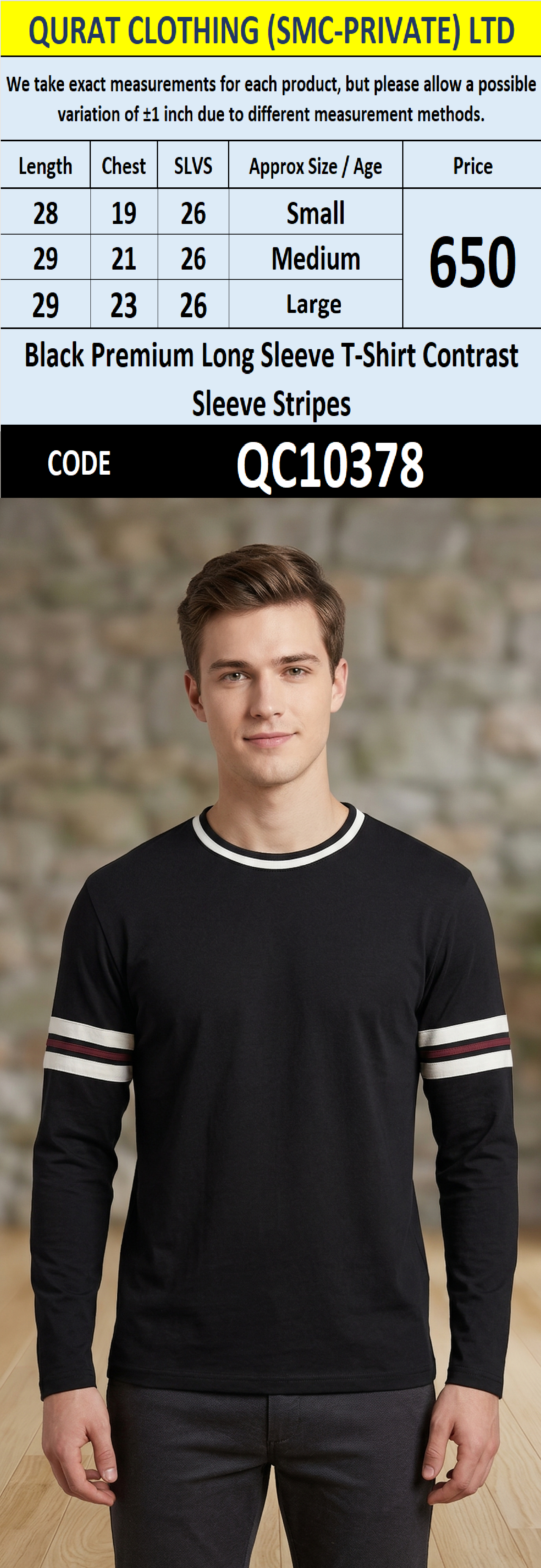 Black Premium Long Sleeve T-Shirt Contrast Sleeve Stripes QC10378