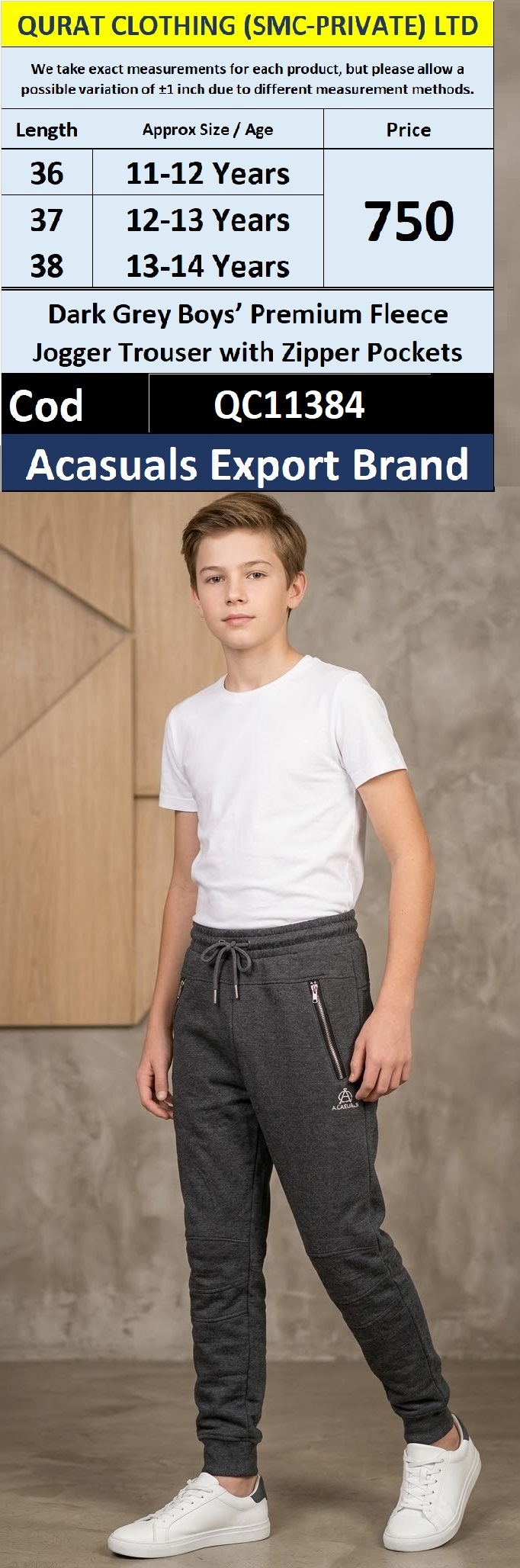 Dark Grey Boys’ Premium Terry Jogger Trouser with Zipper Pockets – QC11384