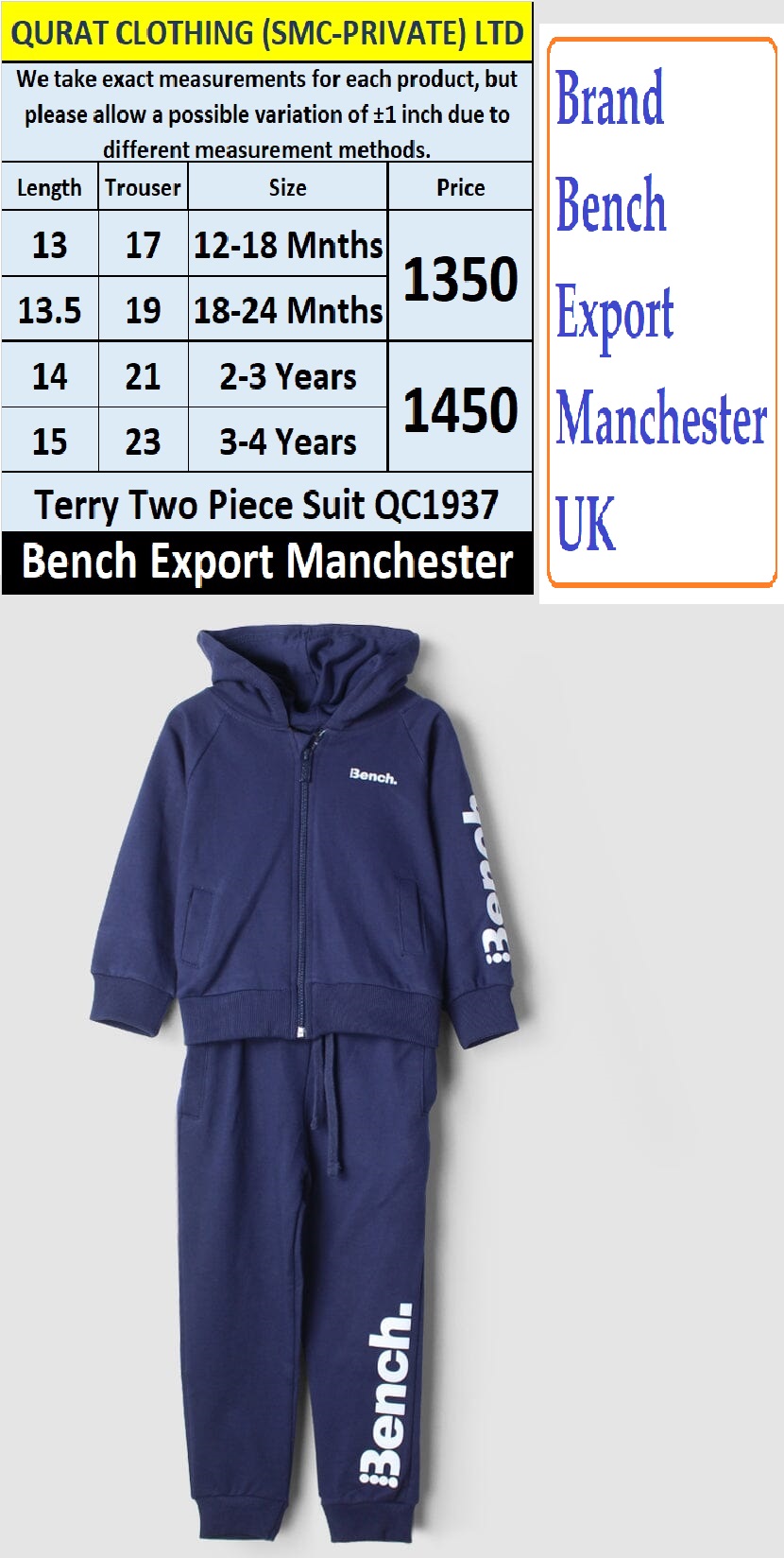 Bench Brand Terry Tracksuit QC1937 Export Manchester UK - QC1937