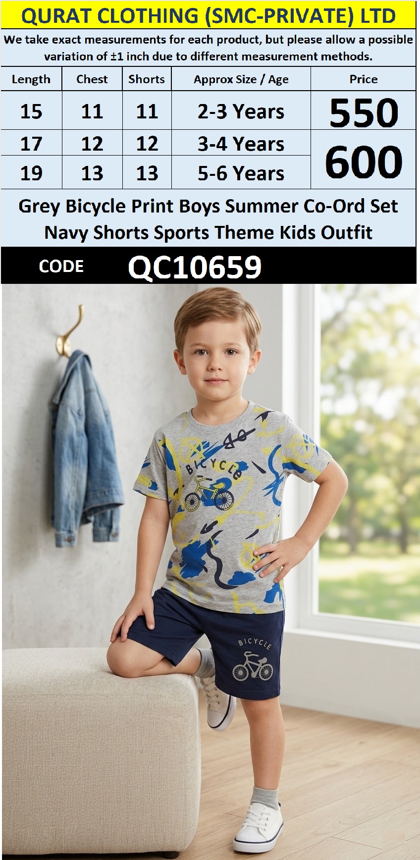 Grey Bicycle Print Boys Summer Co-Ord Set Navy Shorts Sports Theme Kids Outfit QC10659