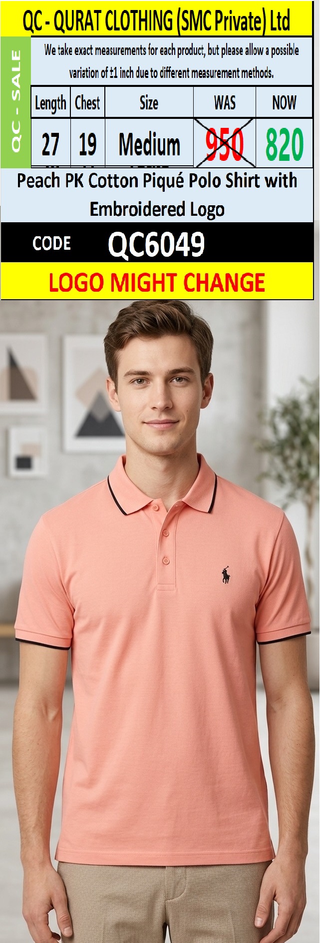 Peach Pink Cotton Piqué Polo T-Shirt Embroidered Chest Logo Contrast Collar – QC6049