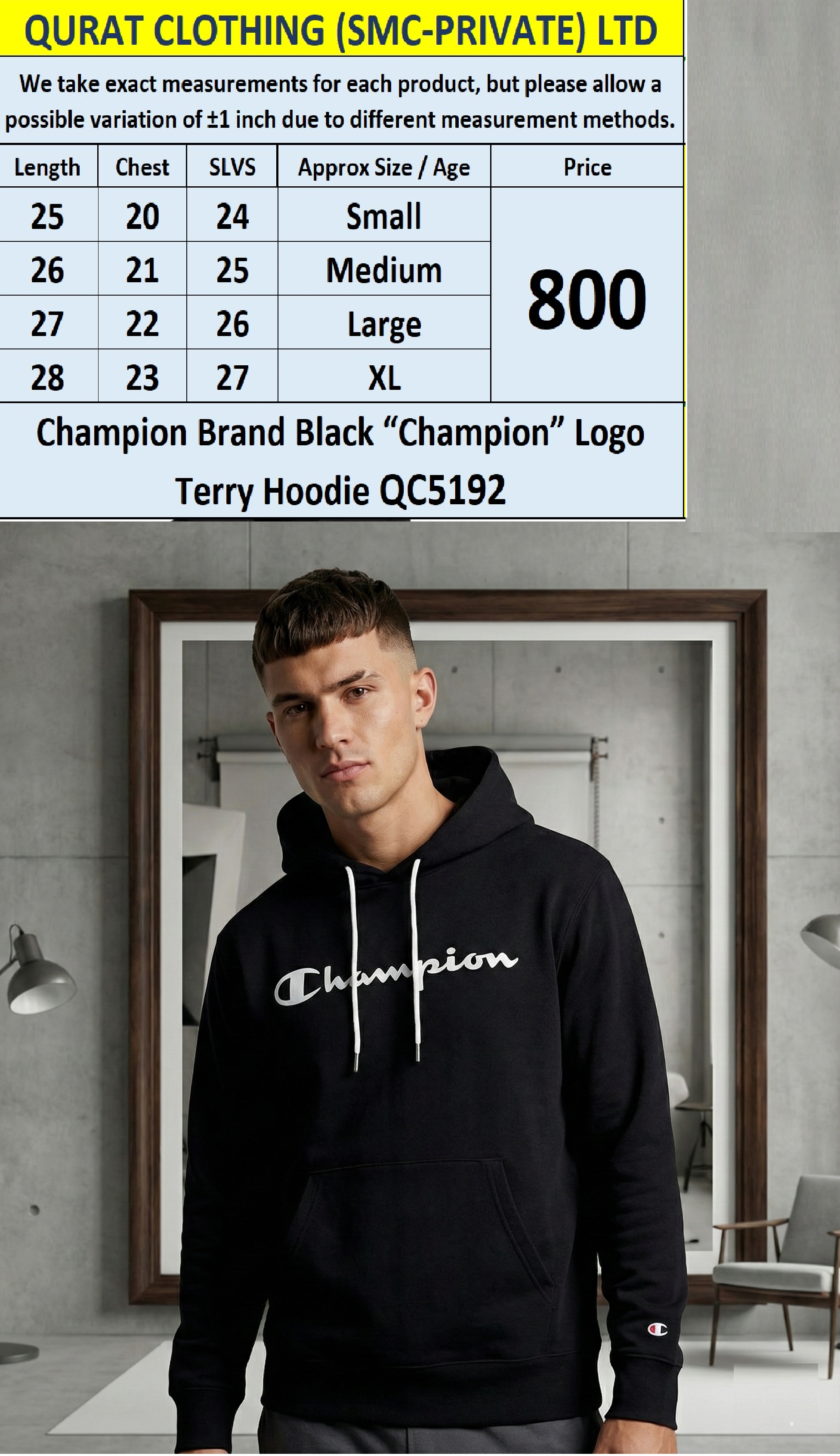Champion Brand Black “Champion” Logo Terry Hoodie QC5192