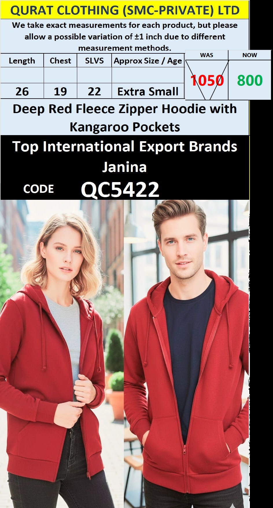 Deep Red Fleece Zipper Hoodie with Kangaroo Pockets QC5422