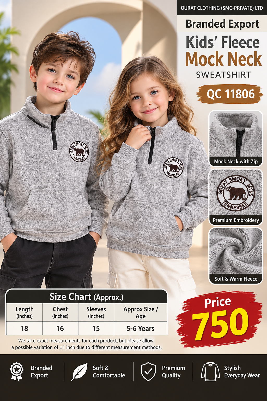 Branded Export Kids’ Grey Fleece Mock Neck Sweatshirt with Great Smoky Mountains Bear Embroidery — QC11806