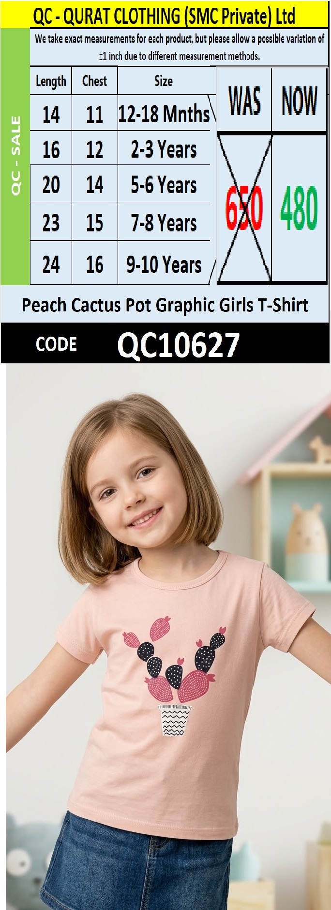 Peach Cactus Pot Graphic Girls T-Shirt QC10627
