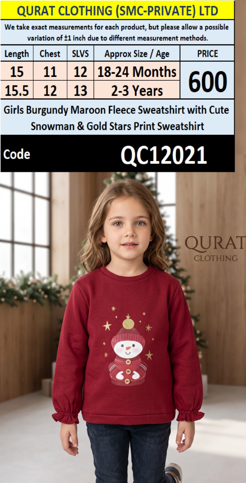 Girls Burgundy Maroon Fleece Sweatshirt with Cute Snowman & Gold Stars Print Sweatshirt – QC12021