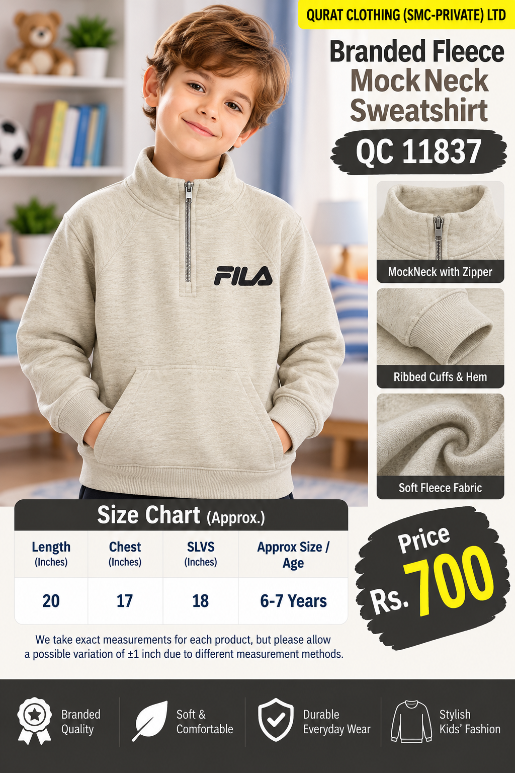FILA Branded oatmeal marl fleece mock neck sweatshirt with black FILA logo with short zipper and kangaroo pocket — QC11837