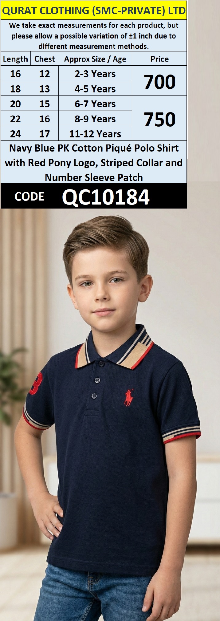 Navy Blue PK Cotton Piqué Polo Shirt with Red Pony Logo, Striped Collar and Number Sleeve Patch – QC10184