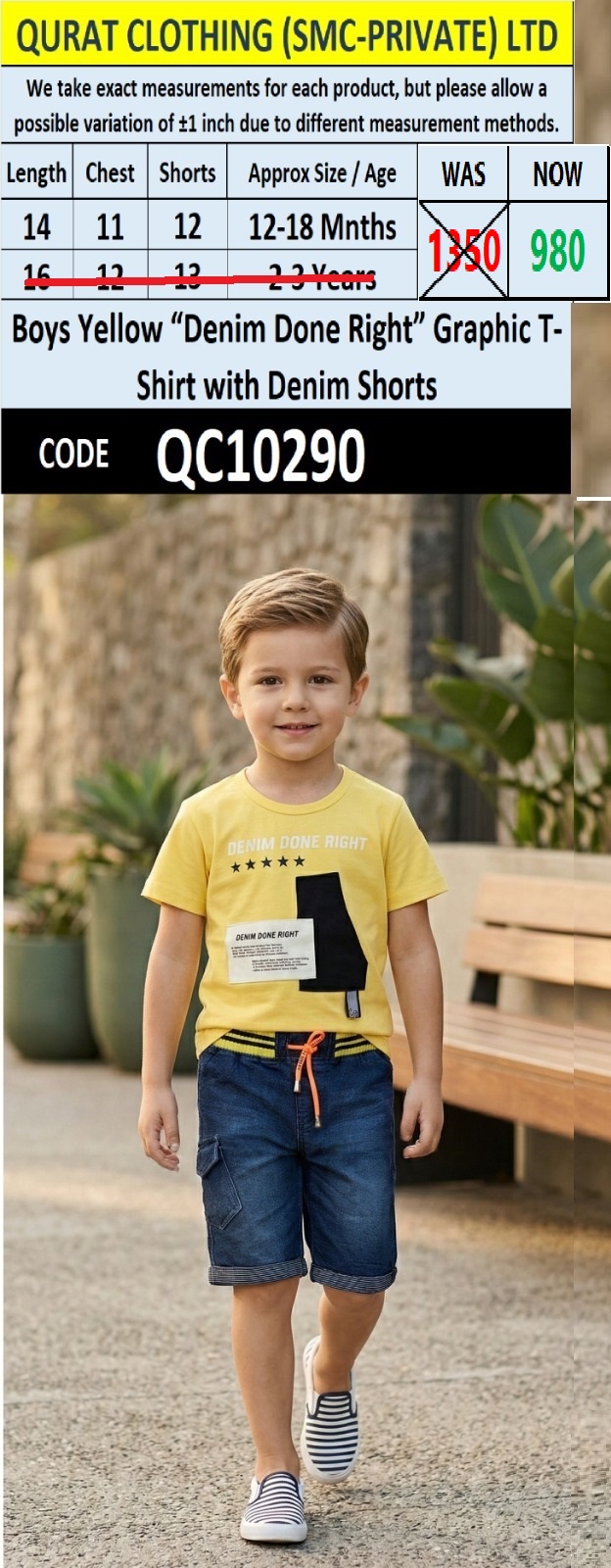 Boys Yellow “Denim Done Right” Graphic T-Shirt with Denim Shorts – QC10290