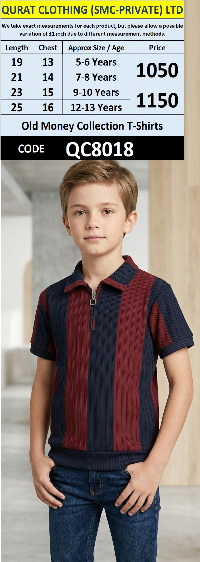 Old Money Collection – Maroon & Navy Blue Ribbed Half-Zip Polo T-Shirt with Vertical Stripe Pattern QC8018