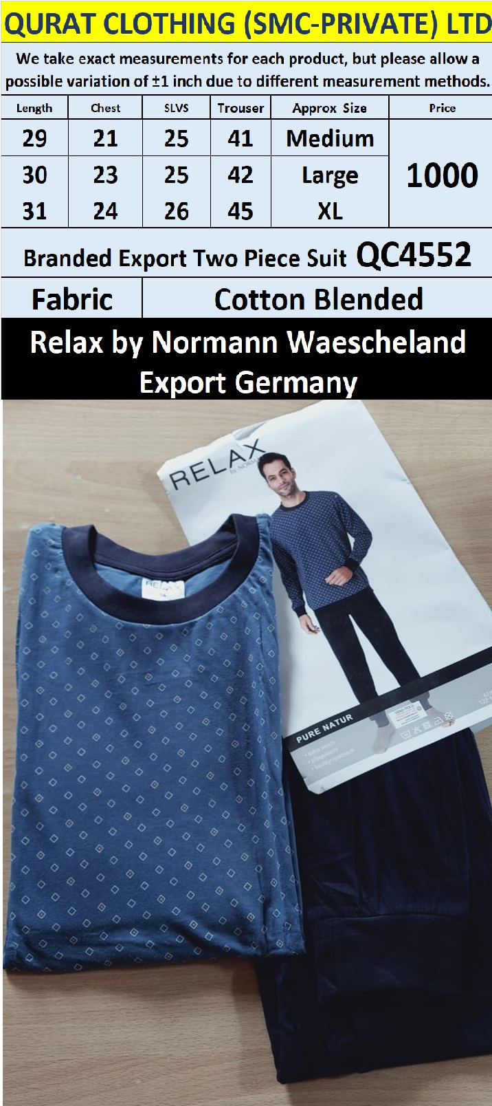 Relax by Normann Waescheland Branded Two Piece Suits QC4552 Export Germany