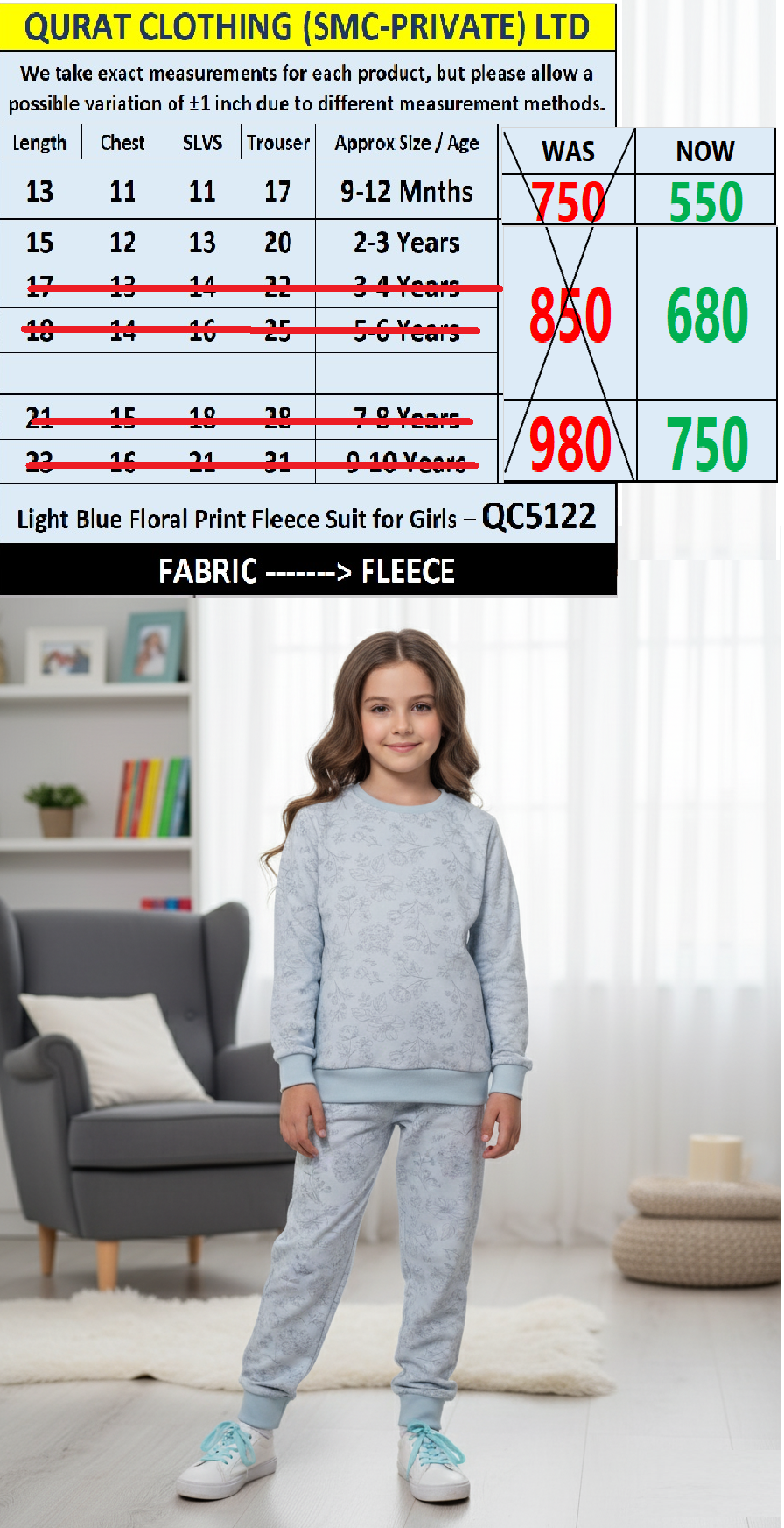 Light Blue Floral Print Fleece Winter Suit for Girls – QC5122