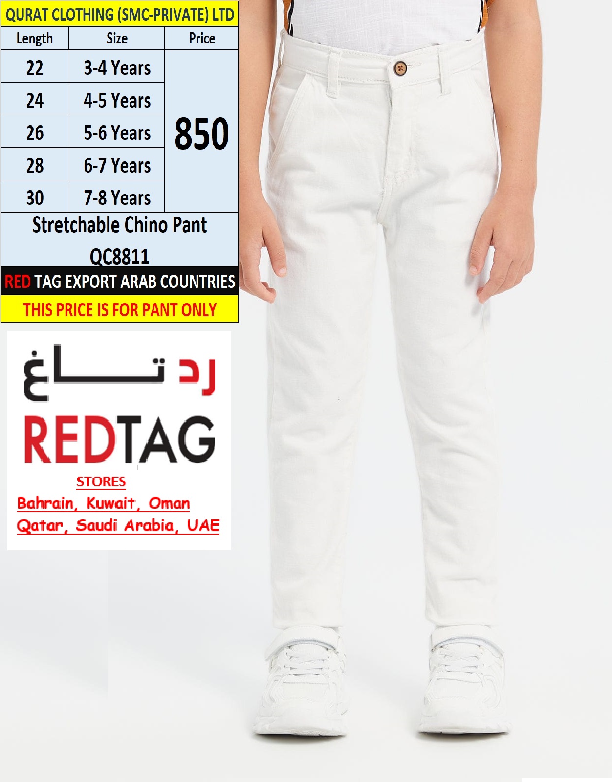 RED TAG Brand Stretchable Chino Pant QC8811 Export Arab Countries