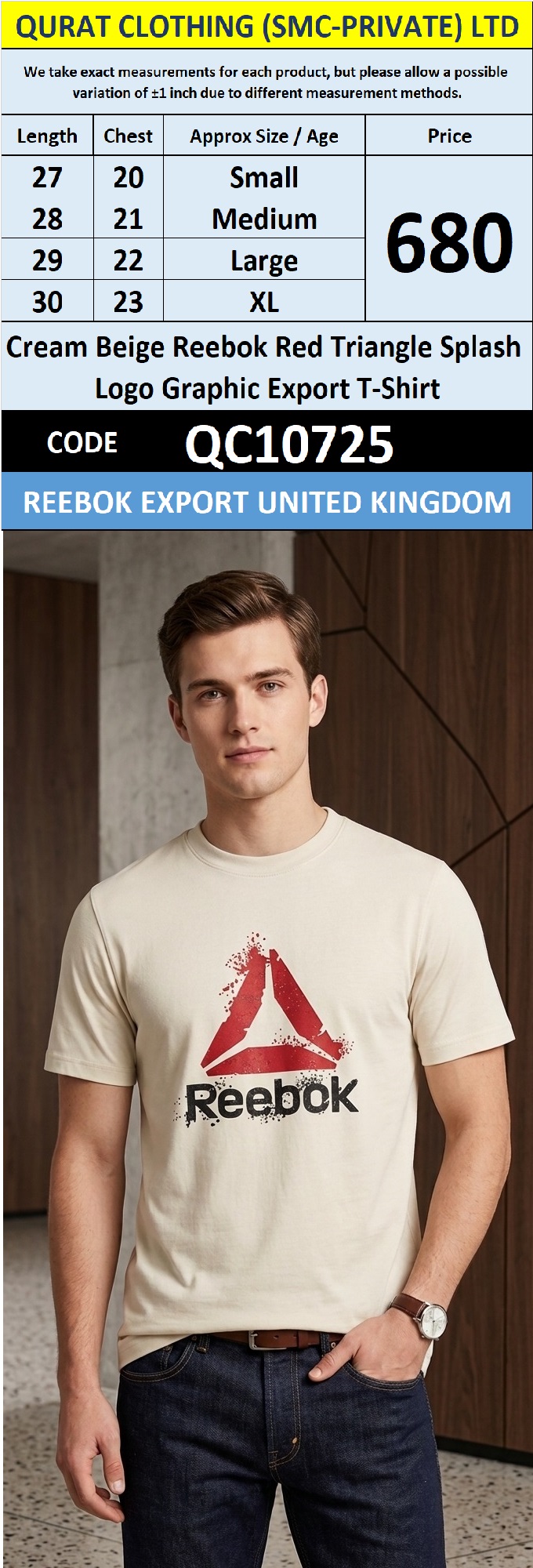 Cream Beige Reebok Red Triangle Splash Logo Graphic Export T-Shirt QC10725