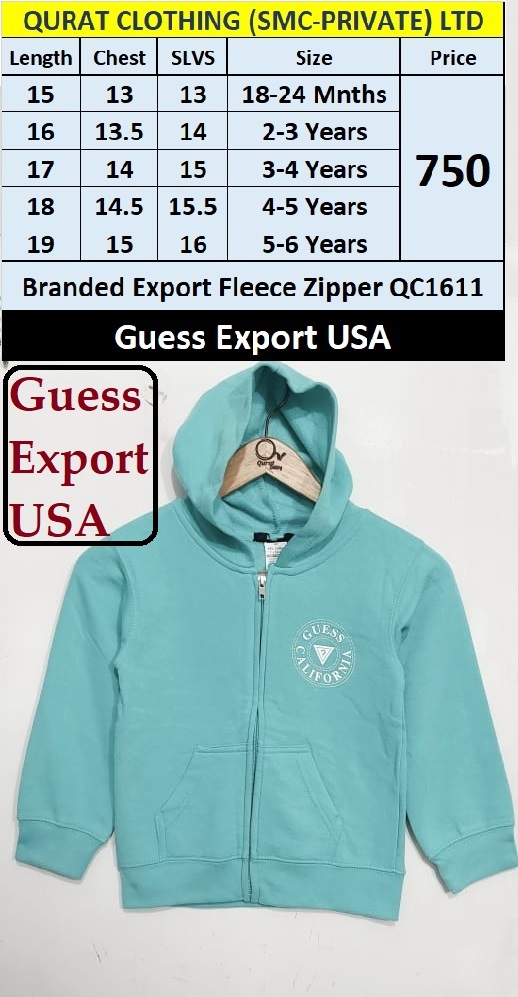 Guess Brand Sea Green Fleece Zipper Hoodie QC1611 Export USA