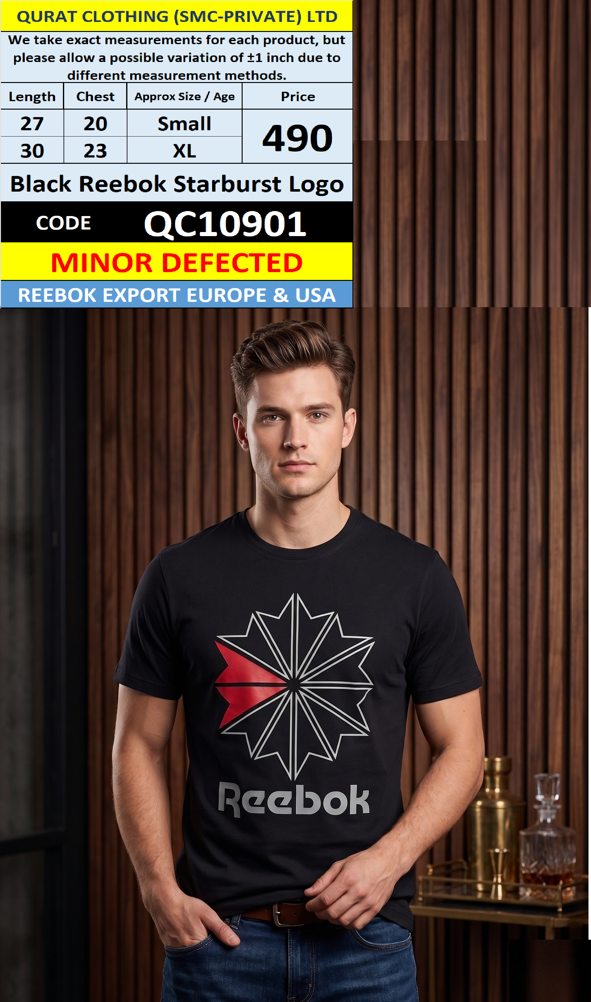 Black Reebok Starburst Logo T-Shirt QC10901 – Minor Defected Export Europe & USA