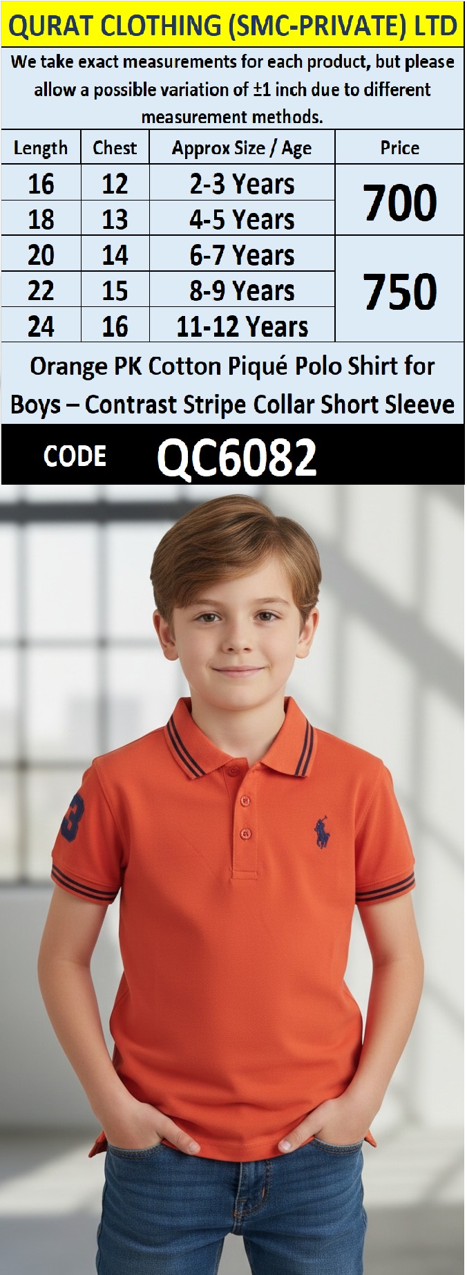 Boys Orange PK Cotton Piqué Polo Shirt with Contrast Stripe Collar Short Sleeve – Premium Smart Polo QC6082
