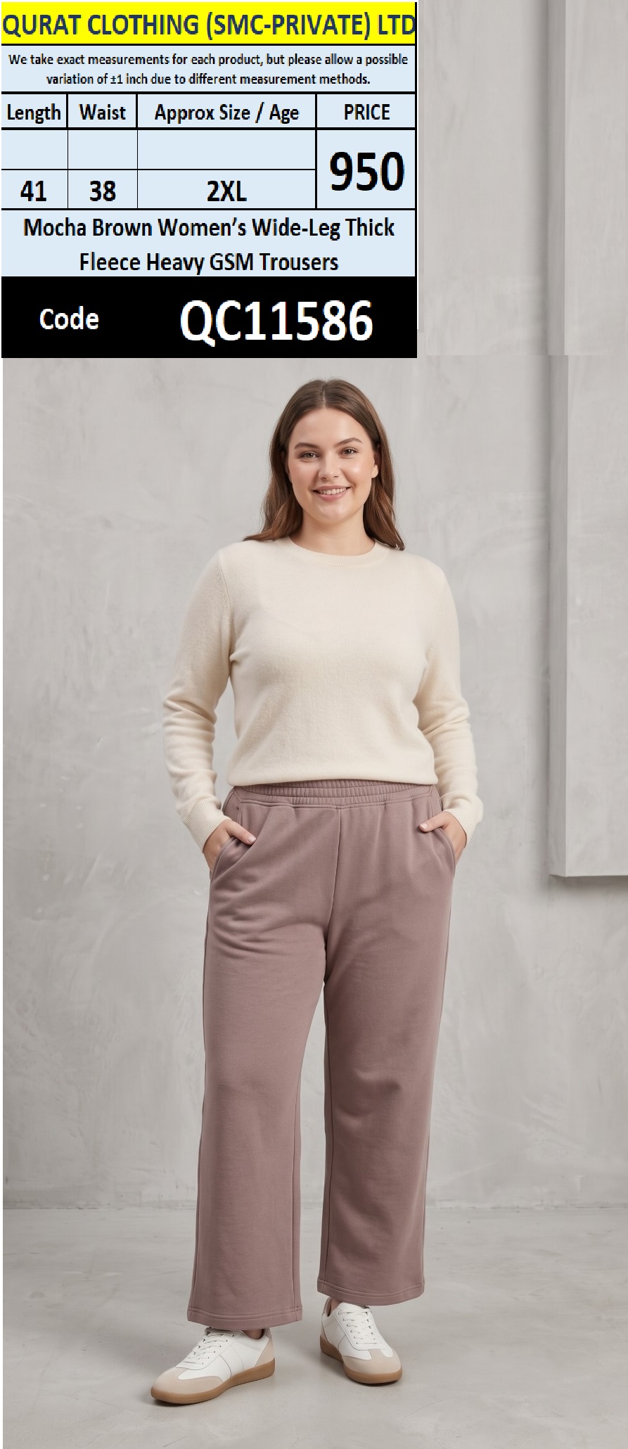 Mocha Brown Women's Wide-Leg Thick Fleece Heavy GSM Trousers QC11586