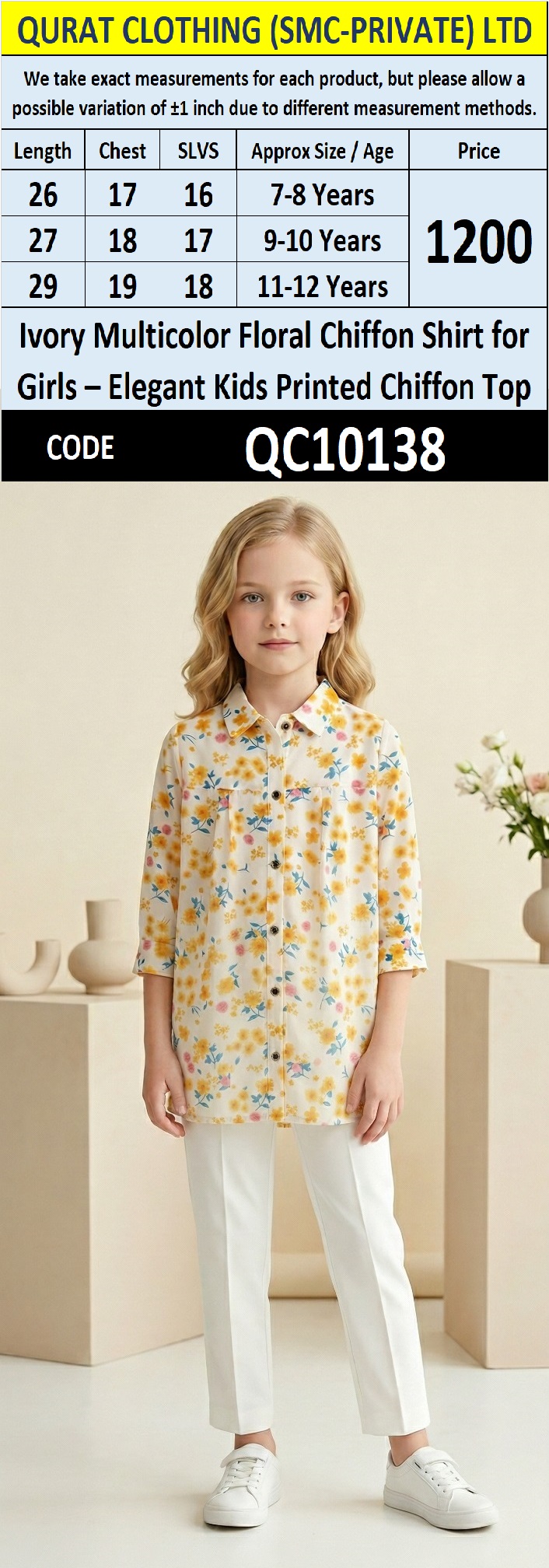 Ivory Multicolor Floral Chiffon Shirt for Girls – Elegant Kids Printed Chiffon Top QC10138