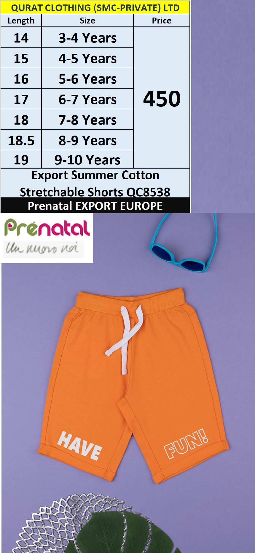 Prenatal Export Europe Summer Cotton Stretchable Shorts QC8538