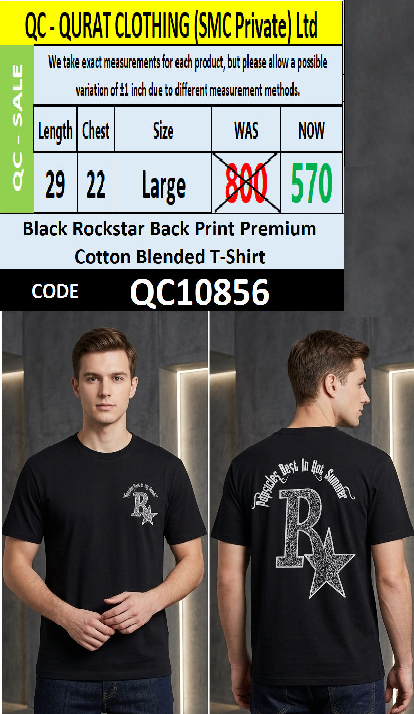 Black Rockstar Back Print Premium Cotton Blended T-Shirt – QC10856