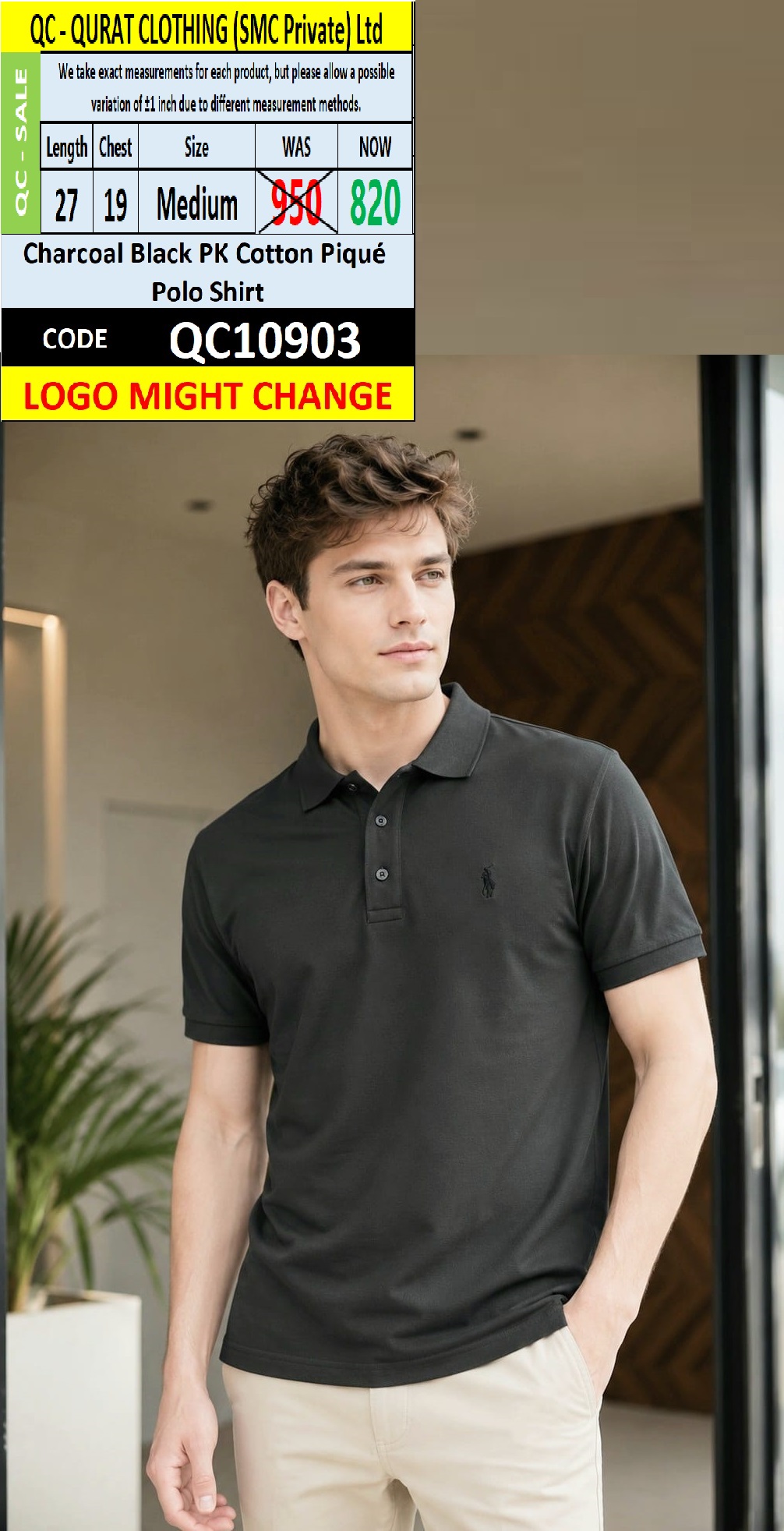 Charcoal Black PK Cotton Piqué Polo Shirt QC10903