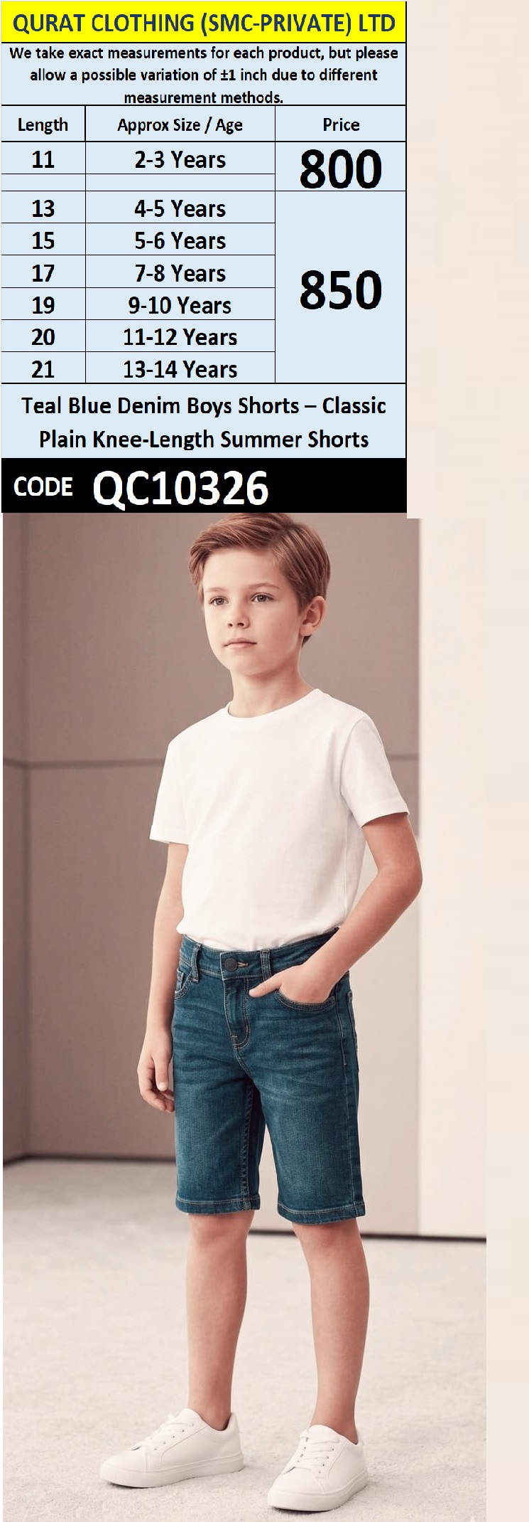 Teal Blue Denim Boys Shorts – Classic Plain Knee-Length Summer Shorts – QC10326