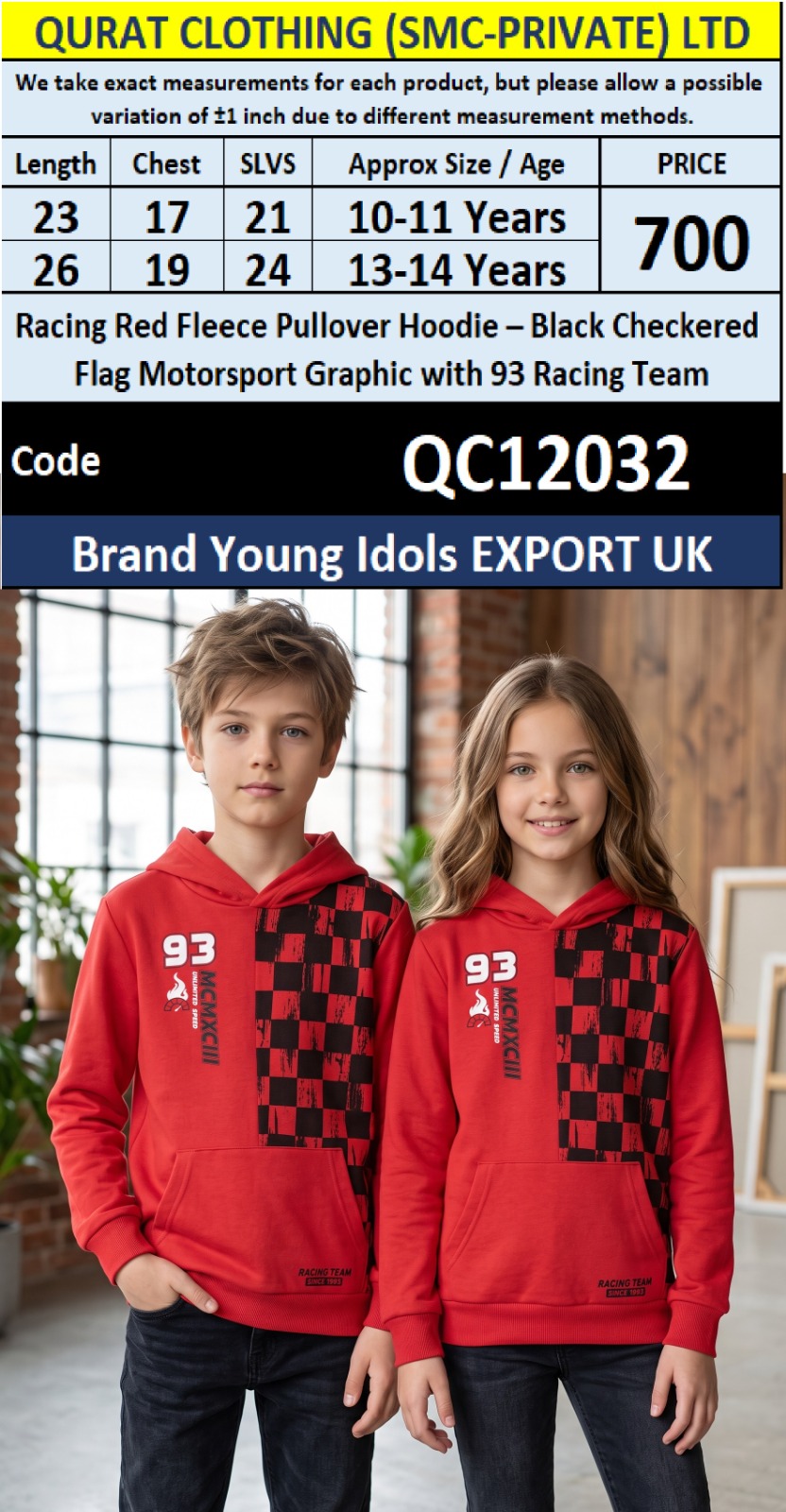 Racing Red Fleece Pullover Hoodie – Black Checkered Flag Motorsport Graphic with 93 Racing Team – Young Idols Export UK – QC12032