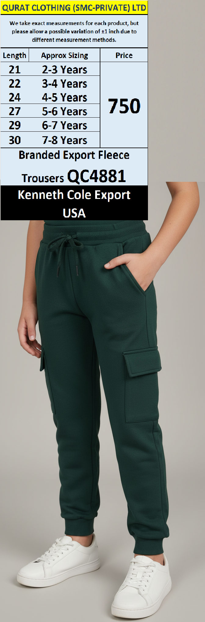Kenneth Cole QC4881 Green Fleece Cargo Jogger Trousers – USA Export