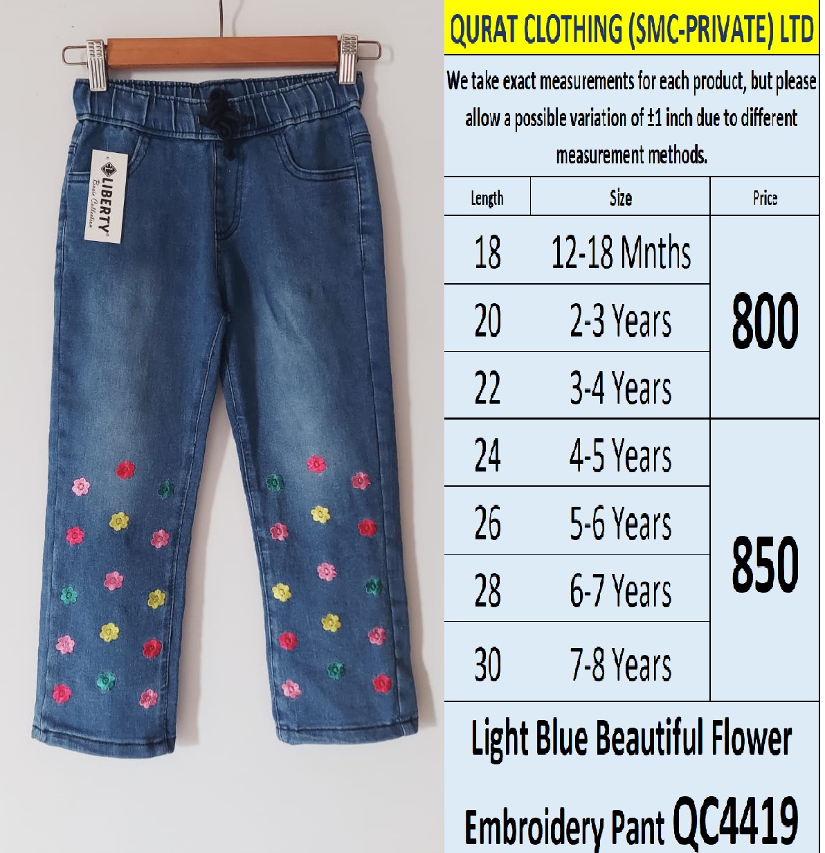 Light Blue Beautiful Colorful Flower Embroidery Pant QC4419