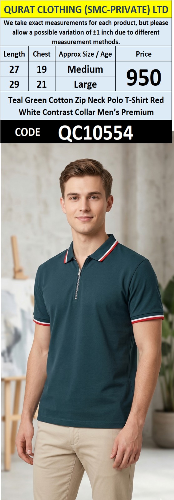 Teal Green Cotton Zip Neck Polo T-Shirt Red White Contrast Collar Men’s Premium – QC10554