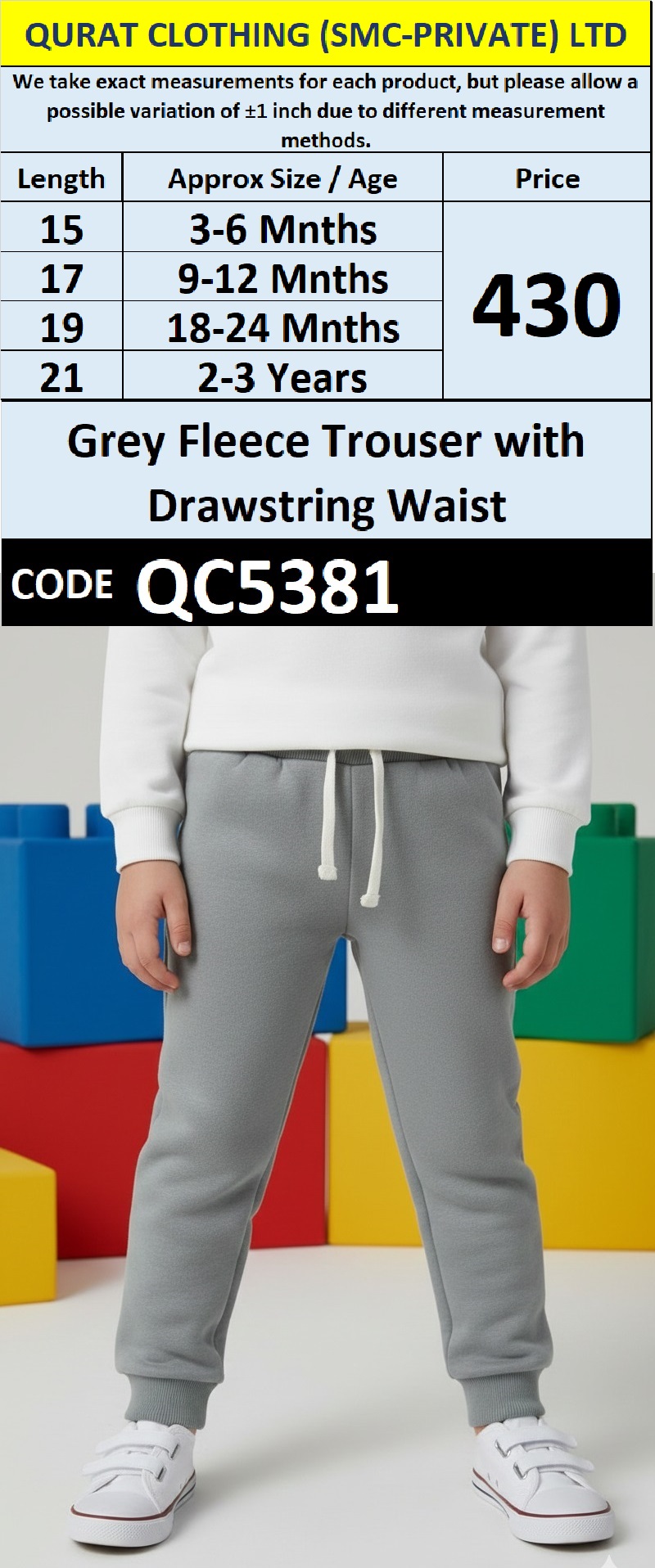Grey Fleece Trouser with Drawstring Waist for Babies & Kids QC5381