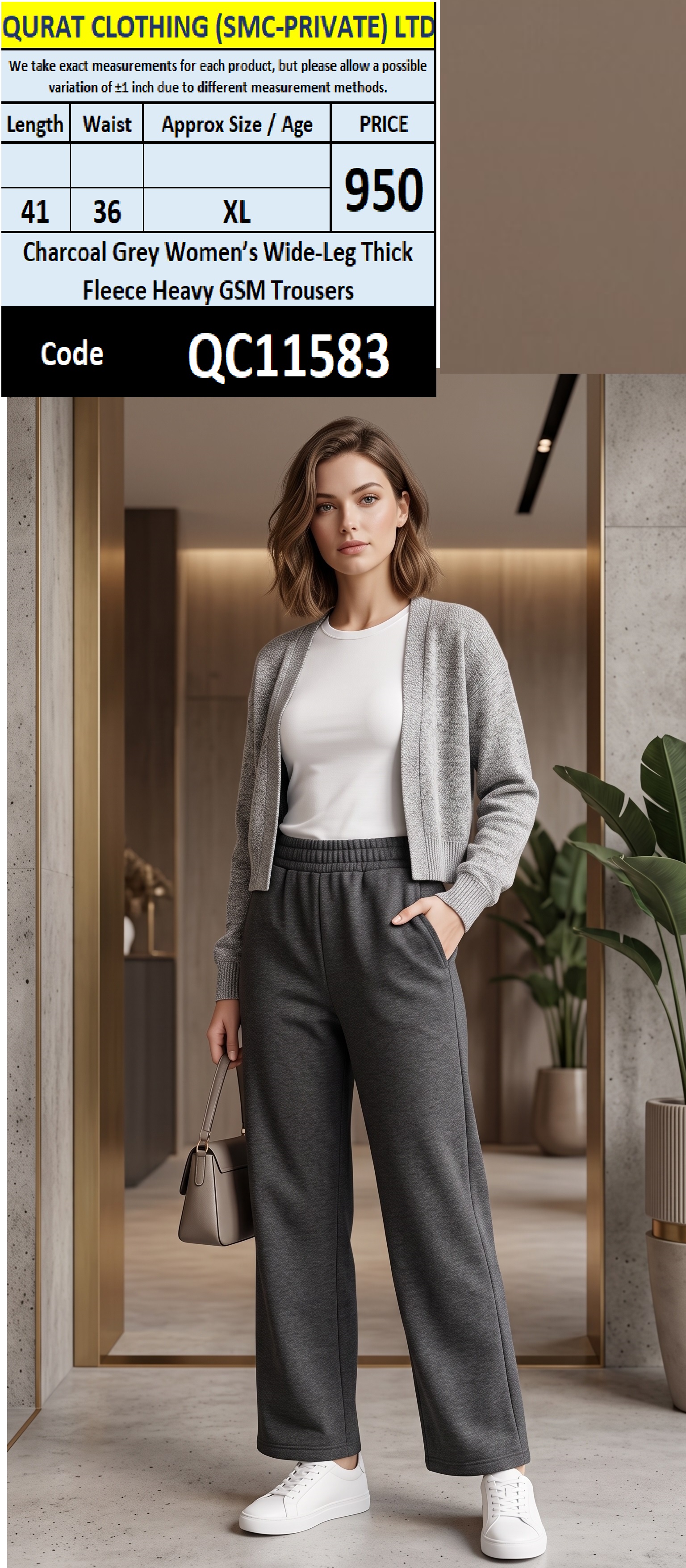 Charcoal Grey Women's Wide-Leg Thick Fleece Heavy GSM Trousers QC11583