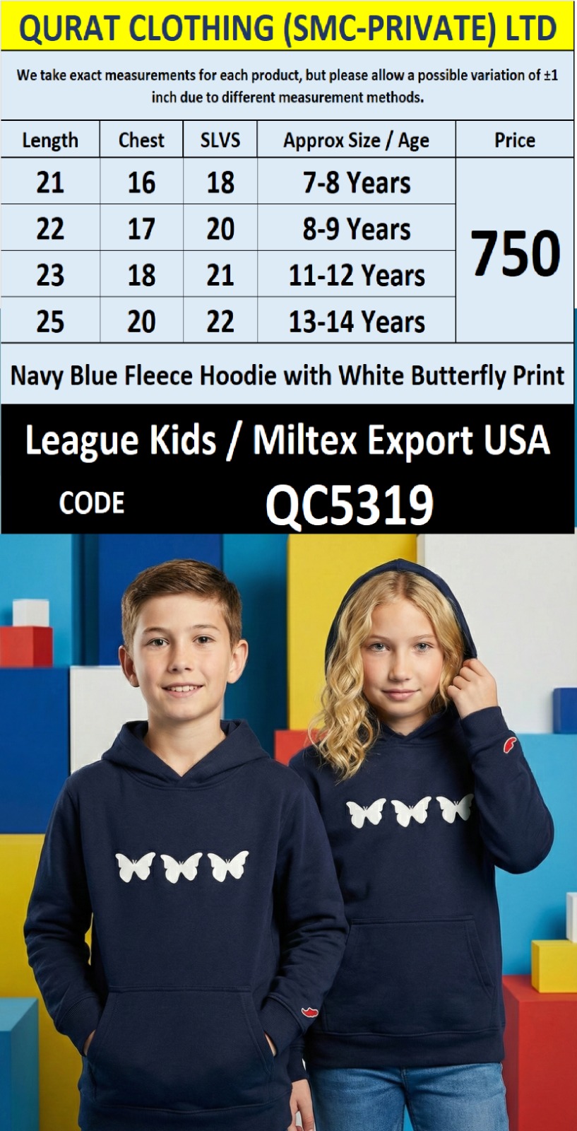 Navy Blue Fleece Pullover Hoodie White Butterfly Print Kids QC5319