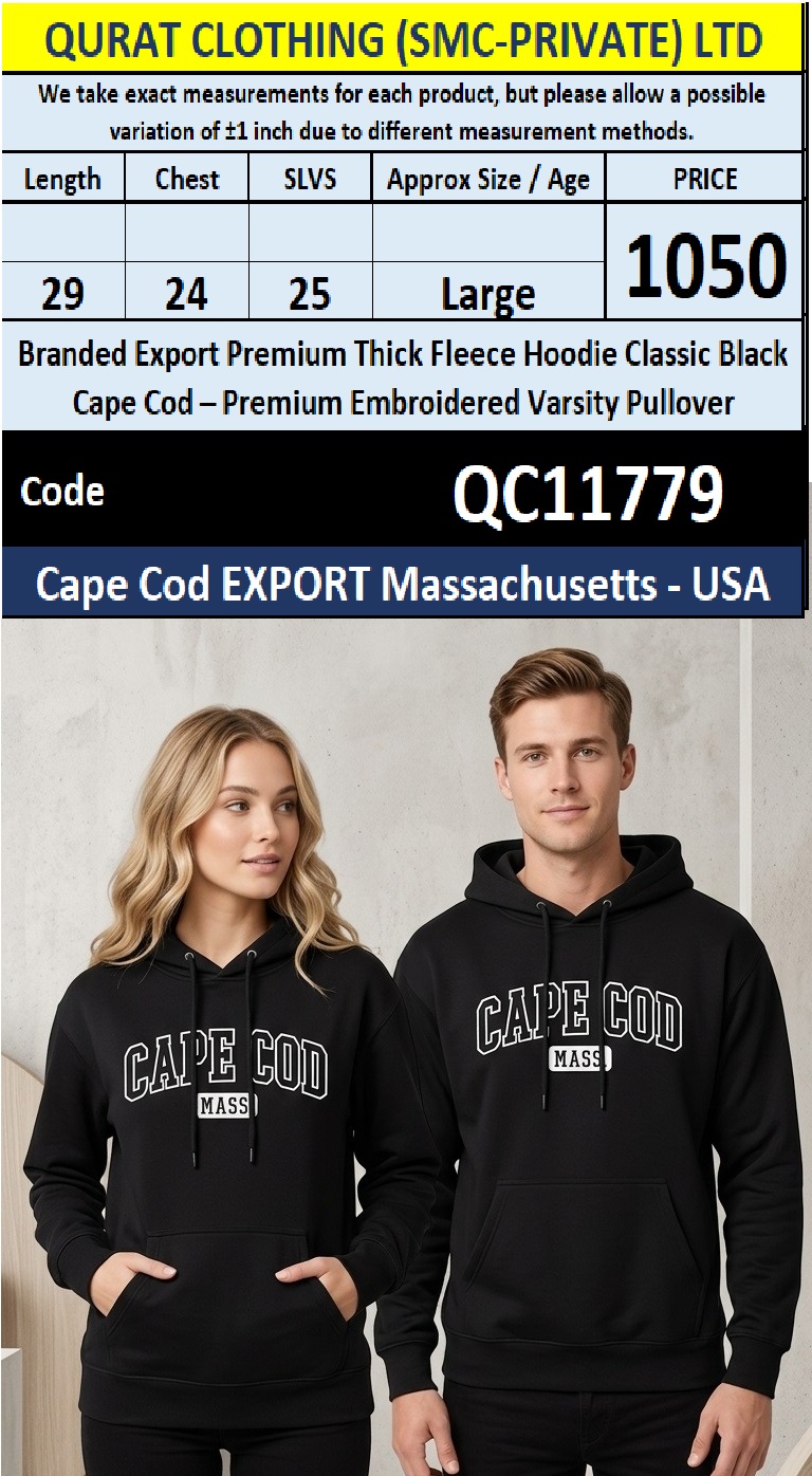 Branded Export Premium Thick Fleece Classic Black Cape Cod Embroidered Varsity Pullover Hoodie – Massachusetts USA – QC11779