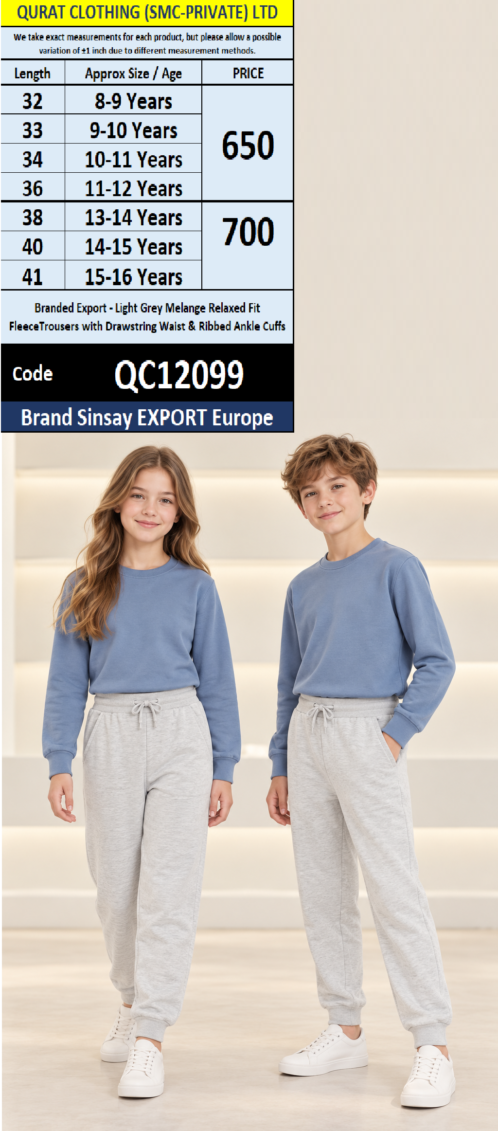 Branded Export Light Grey Melange Relaxed Fit Fleece Trousers with Drawstring Waist & Ribbed Ankle Cuffs – Sinsay Export Europe – QC12099