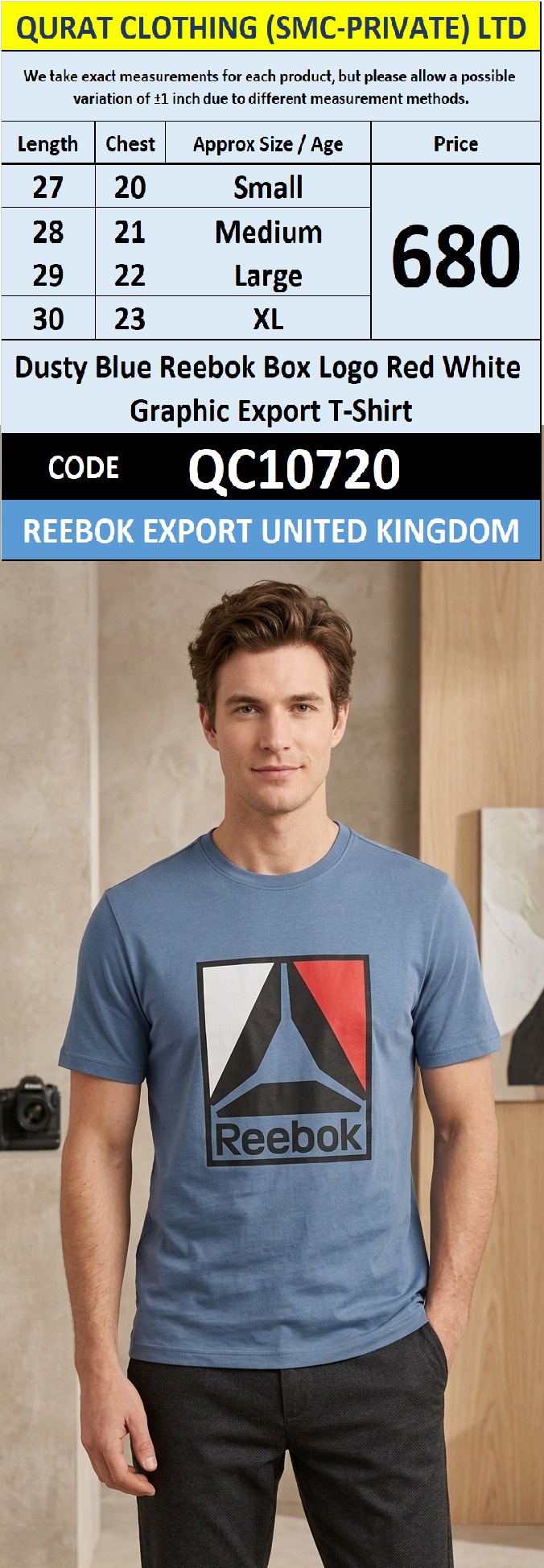 Dusty Blue Reebok Box Logo Red White Graphic Export T-Shirt QC10720