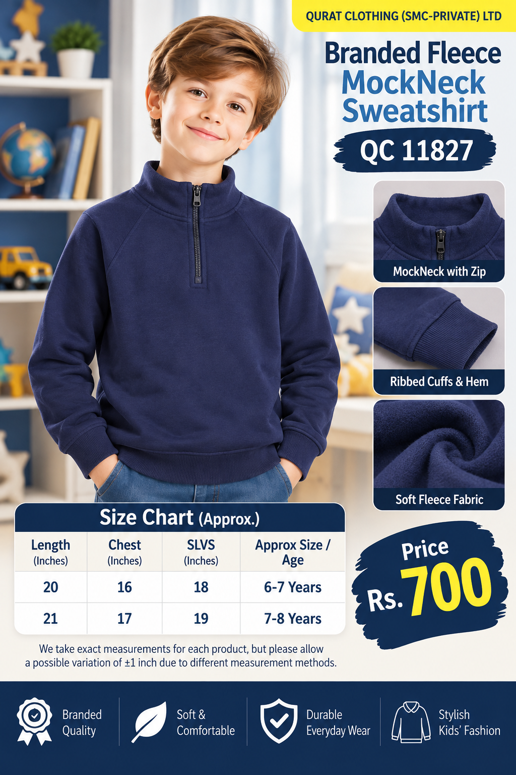 Branded Navy Blue Fleece Mock Neck Sweatshirt with plain finish with short front zip — QC11827