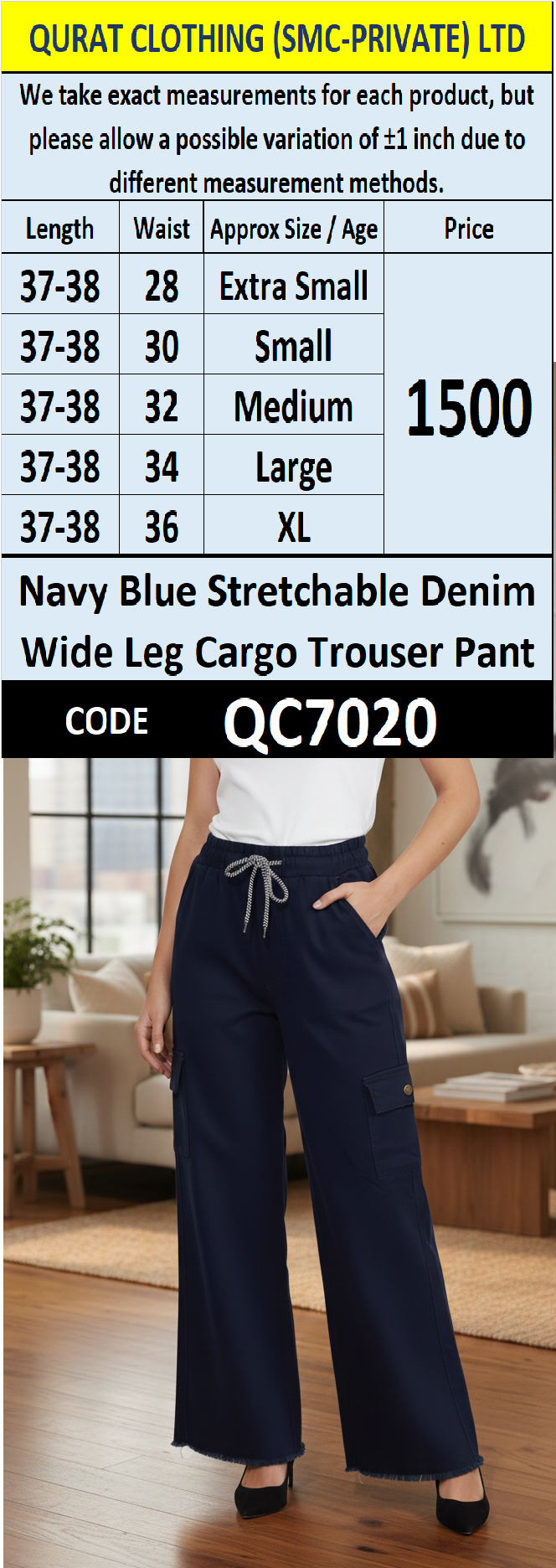 Navy Blue Stretchable Denim Wide Leg Cargo Trouser Pant for Women QC7020
