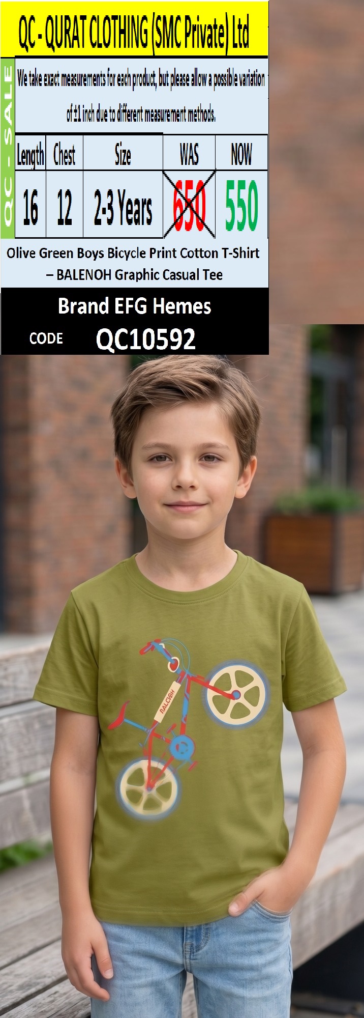 Olive Green Boys Bicycle Print Cotton T-Shirt – BALENOH Graphic Casual Tee QC10592