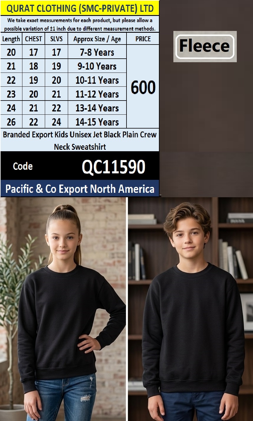 Branded Export Kids Unisex Jet Black Plain Crew Neck Sweatshirt – Pacific & Co Export North America – QC11590