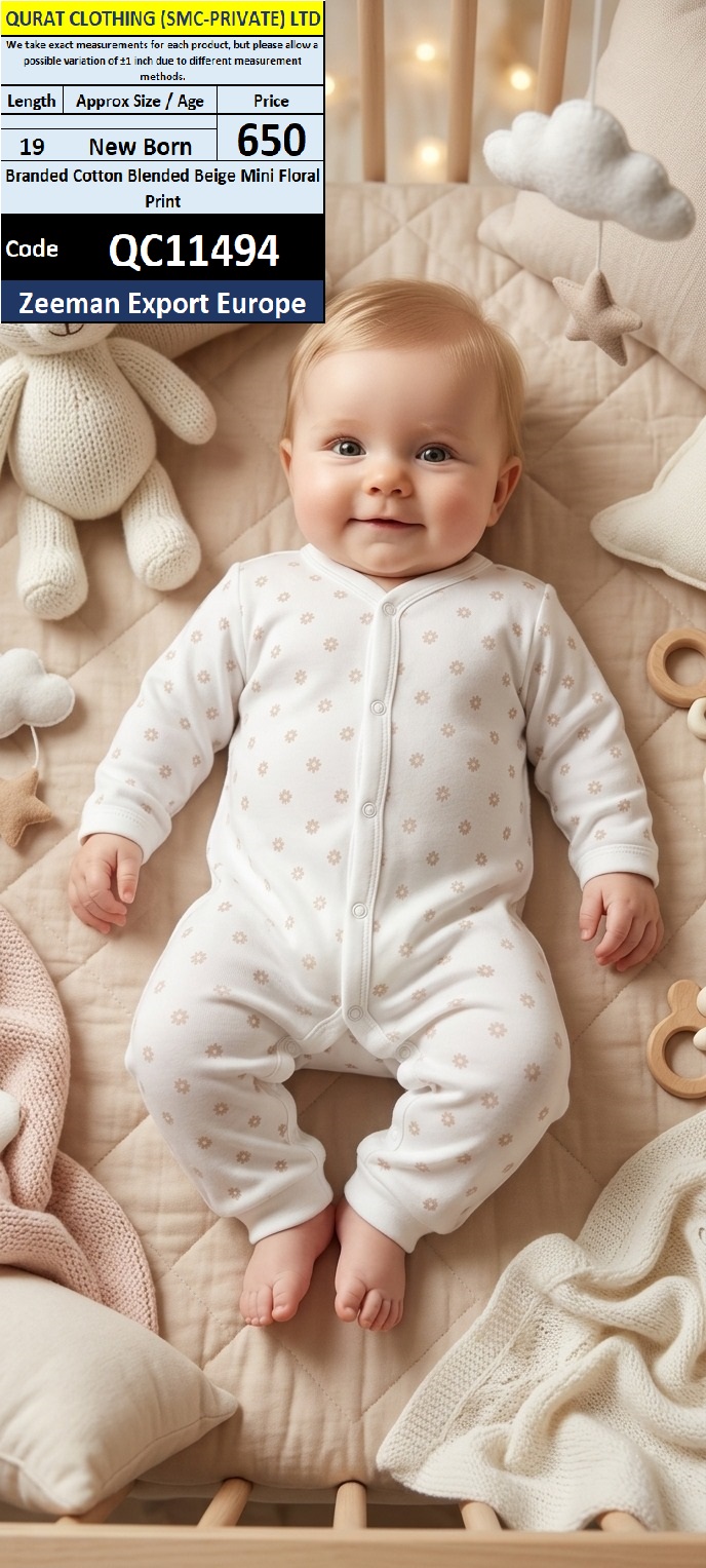 Zeeman Export Europe Branded Cotton Blended Beige Mini Floral Print Baby Romper – QC11494