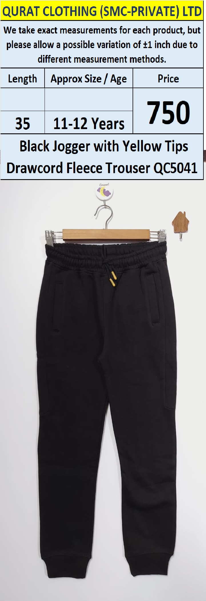 Black Fleece Trouser with Yellow Tip Drawcord QC5041