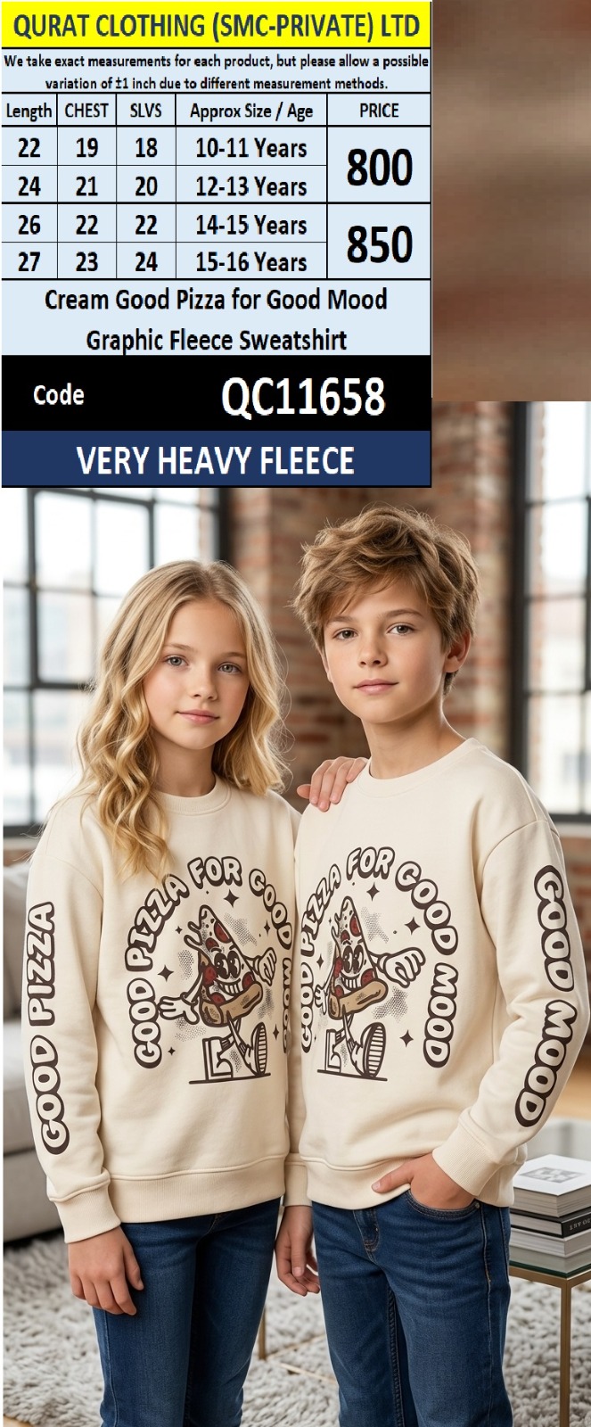 Cream Good Pizza for Good Mood Graphic Very Heavy Fleece Sweatshirt QC11658